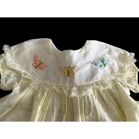 Vintage NANNETTE Pale Yellow Embroidered Butterflies Sheer Baby Dress Lace USA - Picture 3 of 14